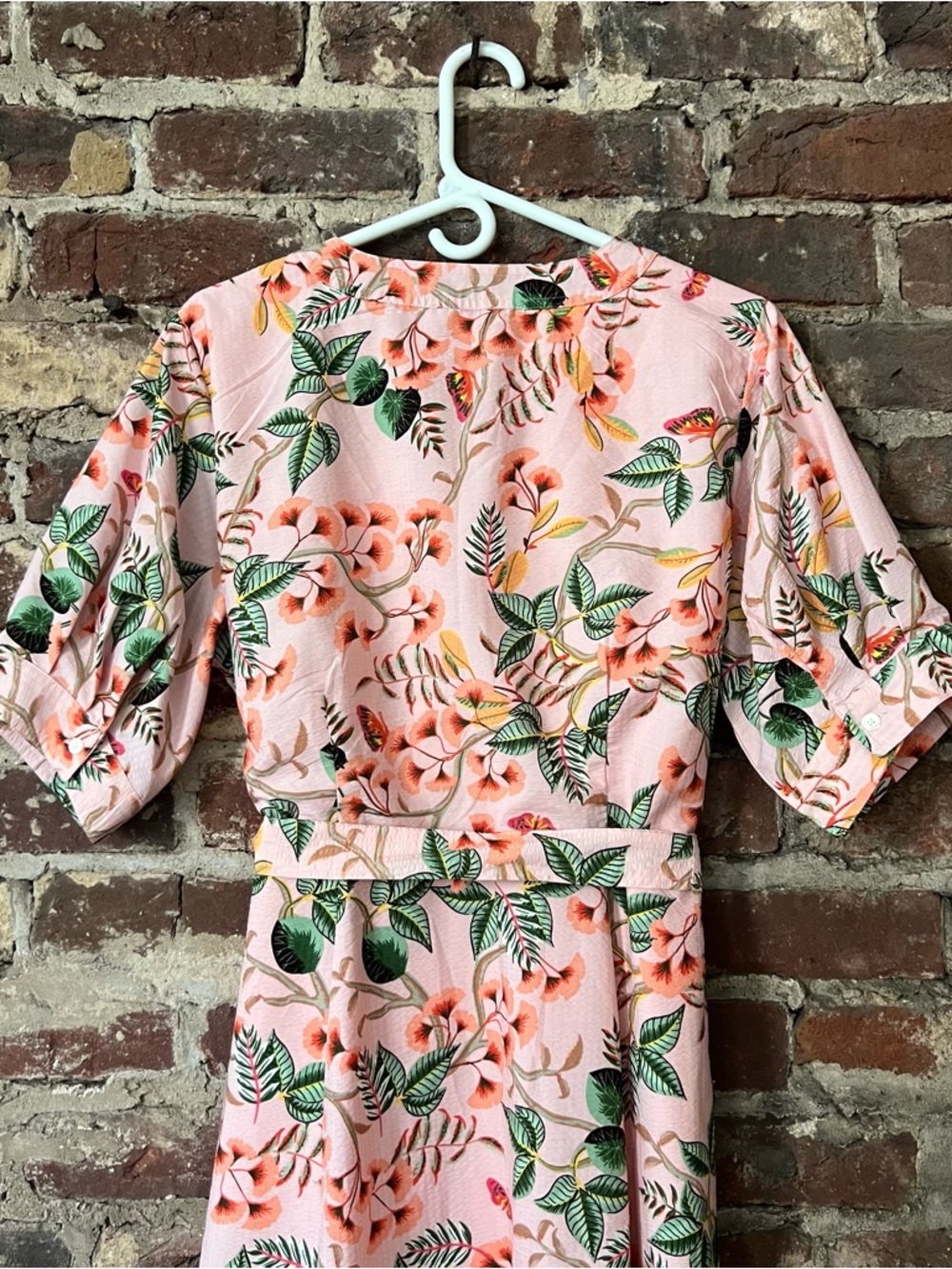LOFT Peach-Pink Floral Midi Dress with Green Leaf Print - Picture 6 of 8